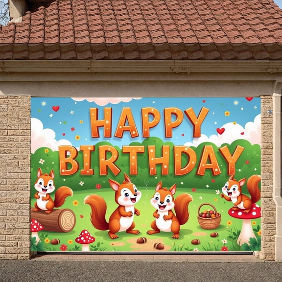 Cute Squirrel Banner Forest Theme Woodland Party Backdrop Colorful Flowers Cartoon Style Animal Birthday Background for Birthday Party Kids Party Photo Backdrop