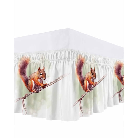 Cute Squirrel Bed Skirt Queen Size 16" Drop Holding Rope Wild Life Ruffled Wrap Around Bed Skirts Adjustable Elastic Bedskirt Dust Ruffle for Queen Size Bed