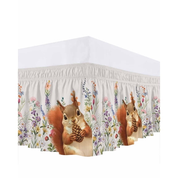 Cute Squirrel Bed Skirt Vintage Purple Pink Flower Leaf Pine Cone Bed Skirts Queen Size 16 Inch Drop, Wrap Around Dust Ruffle Bedskirt with Adjustable Elastic Belt for Queen Size Beds