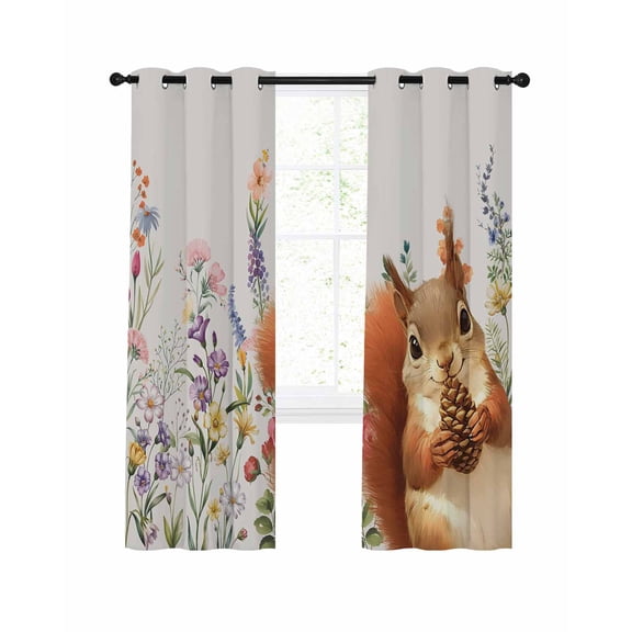 Cute Squirrel Blackout Curtains for Bedroom Living Room, Vintage Purple Pink Flower Leaf Pine Cone 96 In Long Thermal Insulated Room Darkening Drapes Grommet Window Treatments, 52 x 96 In