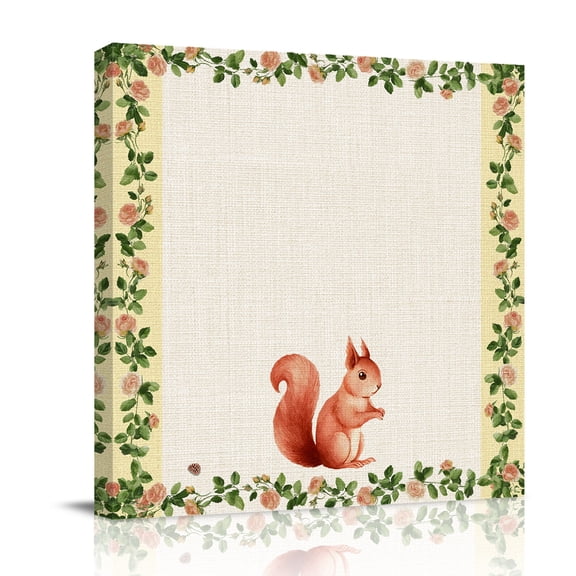 Cute Squirrel Canvas Wall Art for Living Room, Spring Pink Rose Flower Green Leaf Yellow Border Linen Poster Print Painting for Bedroom Office Home Decoration Wall Pictures Prepare To Hang 8"x8"