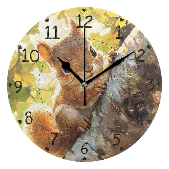 Cute Squirrel Climb The Tree Round Wall Clock Silent Analog Battery Operated Black Pointer Home Decor 9.84" Diameter