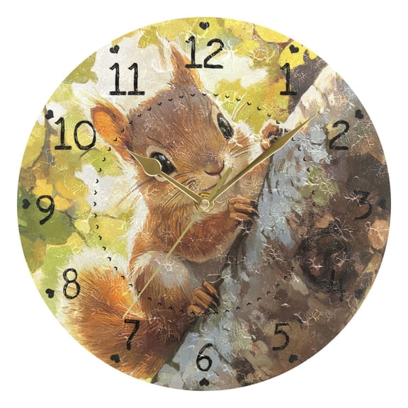 Cute Squirrel Climb The Tree Round Wall Clock Silent Analog Battery Operated Gold Pointer Home Decor 9.84" Diameter