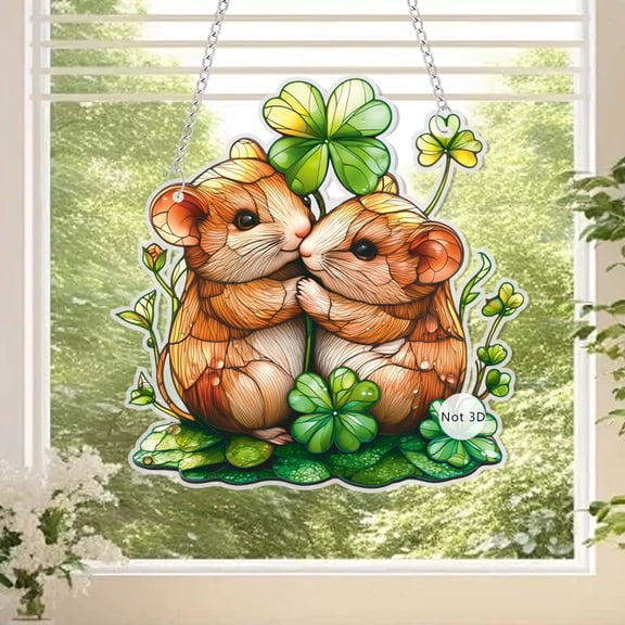 Cute Squirrel Clover Acrylic Hanging Ornament, 7.8in 2D Animal Decor, Lucky Four Leaf Clover Suncatcher, Woodland Window Hanging Home Decoration