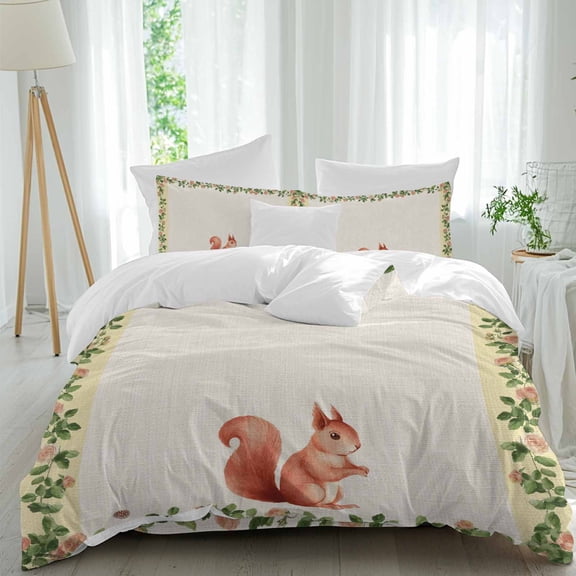 Cute Squirrel Comforter Set Queen Size, Spring Pink Rose Flower Green Leaf Yellow Border Linen Soft Bedding Set for Man Woman, 4 Pieces Duvet Cover Set with Fitted Sheet, 2 Pillowcases