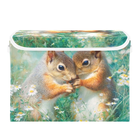Cute Squirrel Couple Eating Pine Cone Foldable Storage Bins with Lids Handles Collapsible Storage Containers Tote Boxes 16.5 x 12.6 x 11.8 inches