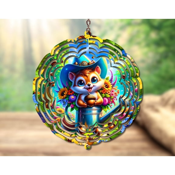 Cute Squirrel Cowboy 3D Wind Spinner Sunflower Country Kinetic Yard Art