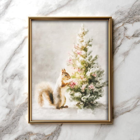 Cute Squirrel Decorating Tiny Tree - Festive Wall Art, Rustic Soft Neutral Decor, 42 Unframed Paper Print