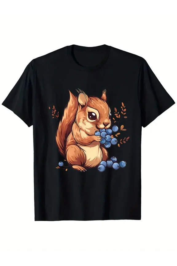 Cute Squirrel Eating Blueberries Graphic Unisex Short Sleeve Cotton T-Shirt