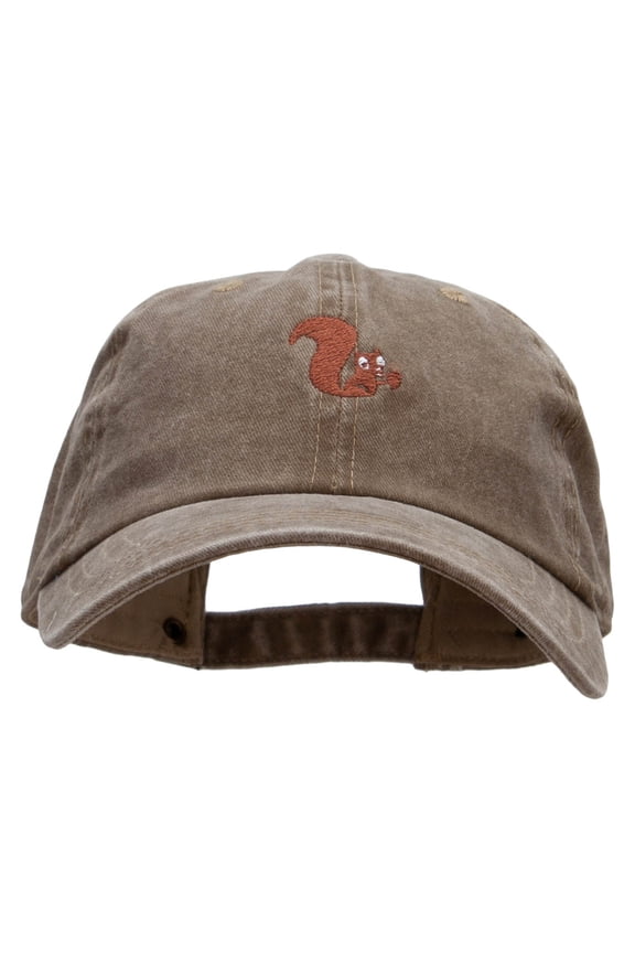 Cute Squirrel Embroidered Unstructured Pigment Dyed Cotton Cap - Brown OSFM