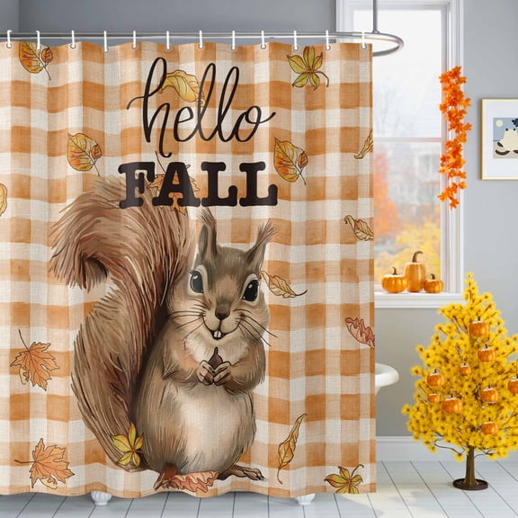 Shower Curtains Sets for Bathroom Decor Cute Squirrel Fall Tree Deciduous Waterproof Bathroom Curtain with Hooks, Orange Buffalo Plaid Retro Linen for Bathroom Decor,72x72IN
