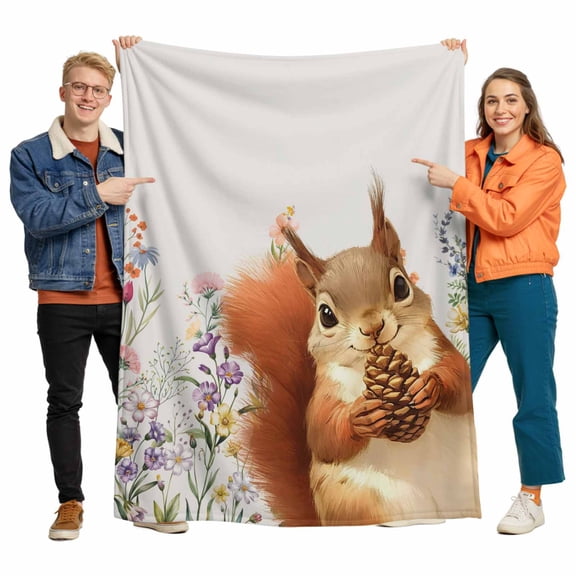 Cute Squirrel Flannel Blanket for Bed,Travel and Camping, Vintage Purple Pink Flower Leaf Pine Cone Super Soft Cozy Blanket for All Seasons 50"x60"
