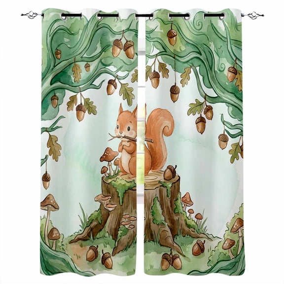 Cute Squirrel Forest Blackout Curtains for Bedroom/Living Room, Thermal Insulated Kitchen Curtains, Green Trees Cone Leaves Mushroom Grommet Darkening Window Treatment Drapes 42"x63"x2