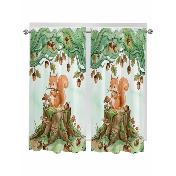 Cute Squirrel Forest Kitchen Curtains 63 Inch Length, Green Trees Cone ...