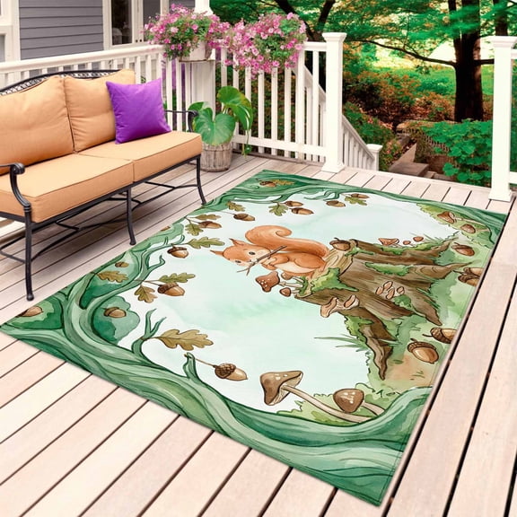 Cute Squirrel Forest Outdoor Rug 5x7 Ft, Non Slip Washable Area Rug, Green Trees Cone Leaves Mushroom Patio Rugs Carpet Runner, Large Floor Mat for Indoor/Outdoor Deck Porch Camping