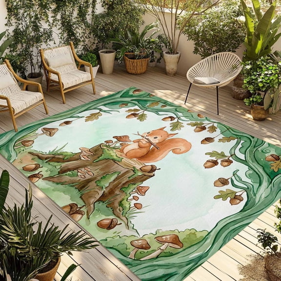 Cute Squirrel Forest Outdoor Rug for Patio/Deck/Porch, Non-Slip Large Area Rug 5 x 8 Ft, Green Trees Cone Leaves Mushroom Indoor Outdoor Rugs Washable Area Rugs, Reversible Camping Rug Carpet Runner