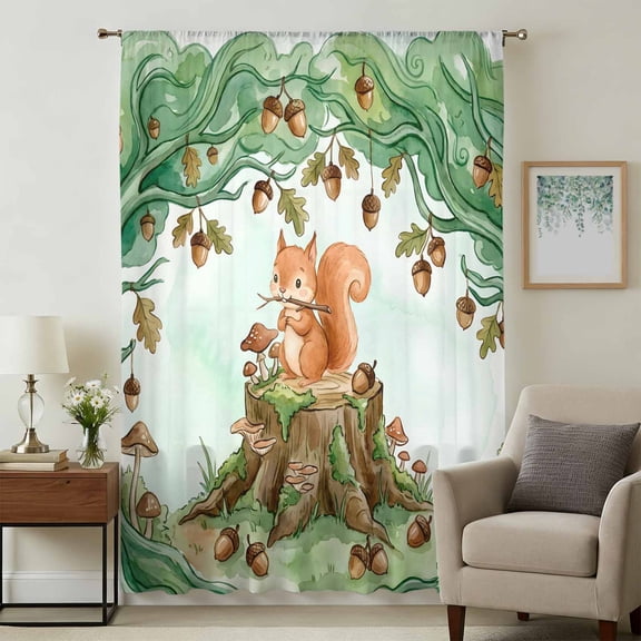 Cute Squirrel Forest Sheer Curtains 45 Inches Long, Green Trees Cone Leaves Mushroom Light Filering Curtains, Breathable Simi Curtain Privacy Drapes for Kitchen Bathroom Small Window Treatment