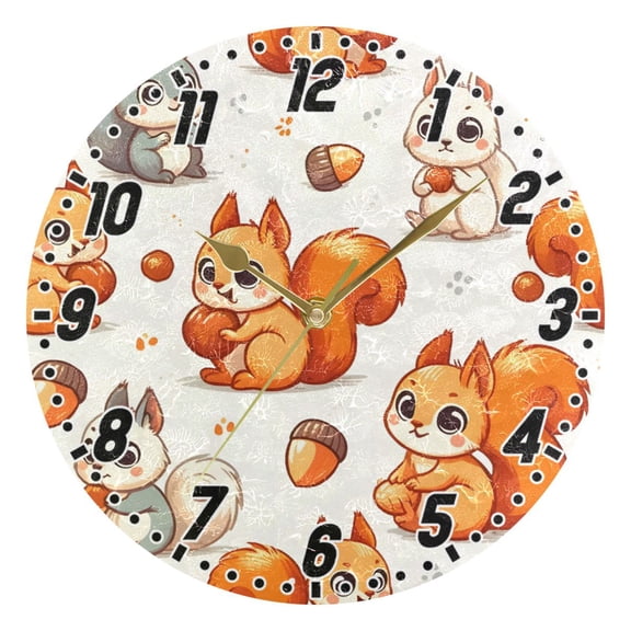 Cute Squirrel Hold Pine Nut Round Wall Clock Battery Operated Silent Non-Ticking Bedroom Office Kitchen Home School Decor 10"(Gold)