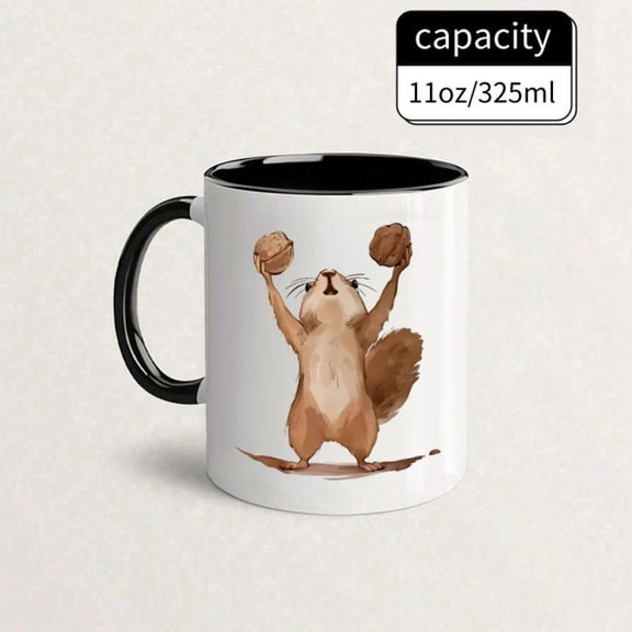 Cute Squirrel Holding Walnuts Ceramic Coffee Mug Reusable Microwave Safe Cup with Playful Squirrel Design Home Office Use Birthday Christmas