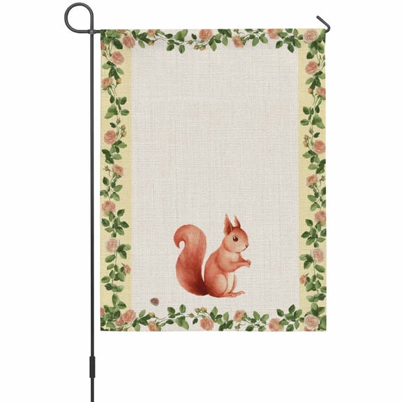 Cute Squirrel House Flag 28 x 40 Inches, Spring Pink Rose Flower Green Leaf Yellow Border Linen Weather Proof Outdoor Patio Flags Double Sided Small House Decoration for Yard Lawn Outside Home