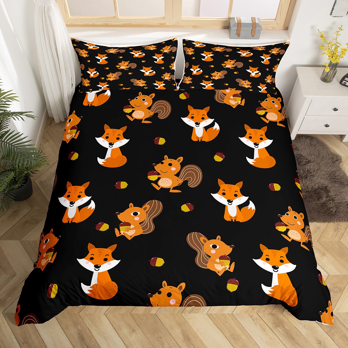 Cute Squirrel Kids Bedding Set Twin Autumn Decor Duvet Cover for Boys
