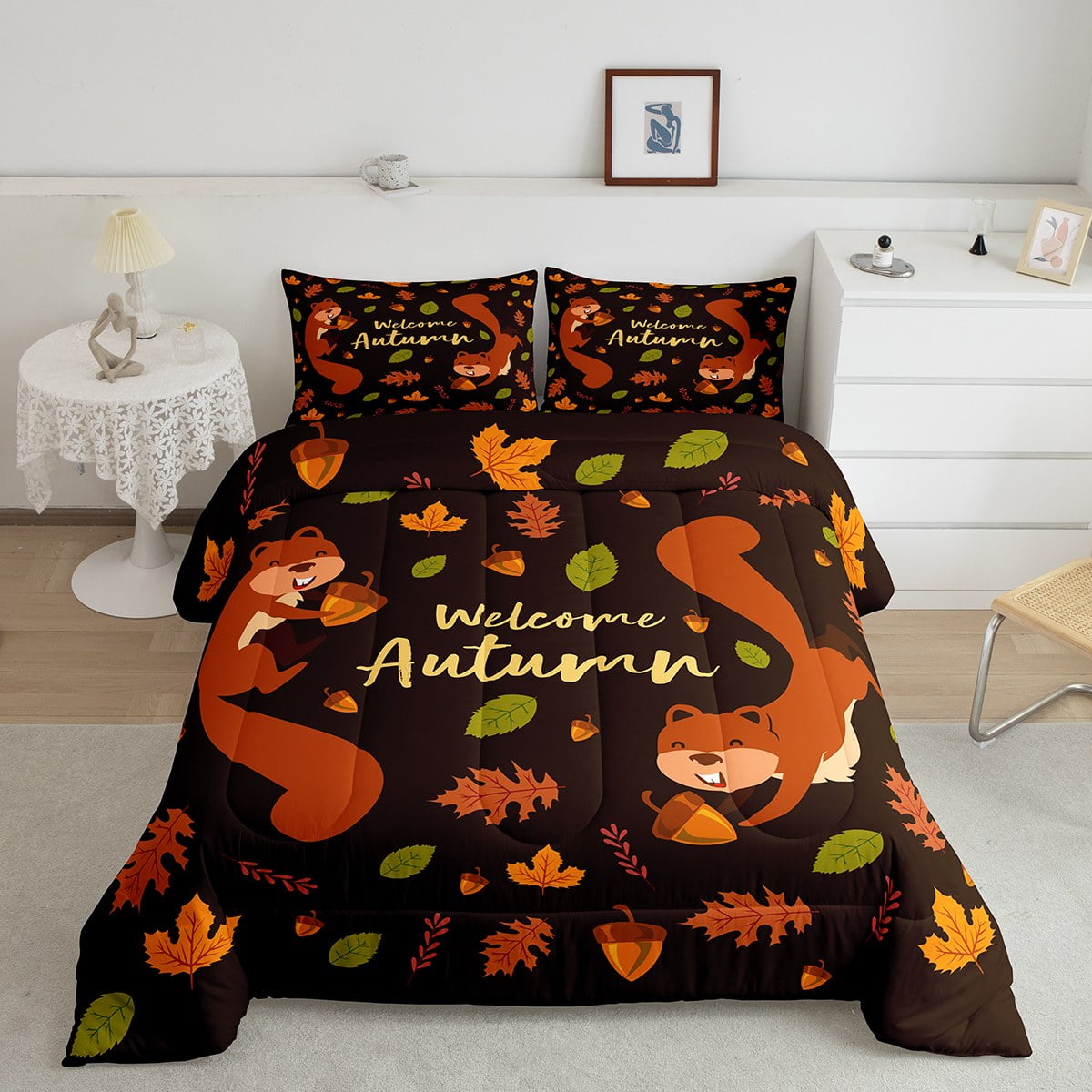 Cute Squirrel Kids Comforter Set King Size Autumn Decor Bedding Happy