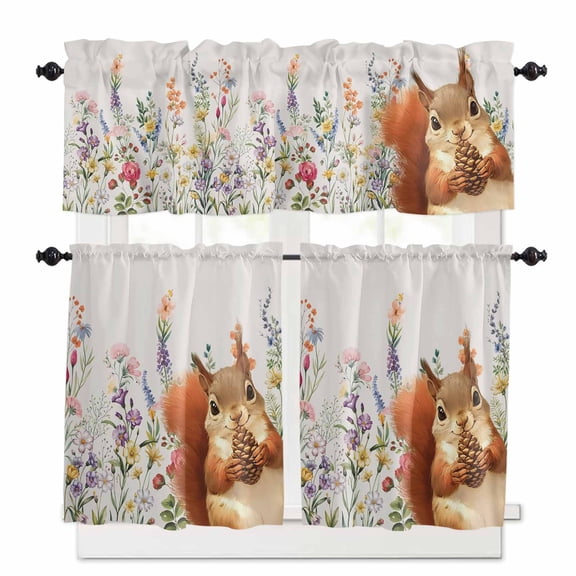 Cute Squirrel Kitchen Curtains Valances and Tiers Set of 3, 36 Inch Length Tier Curtains and Valance Rod Pocket Valance Curtains Set for Kitchen Bathroom Small Windows