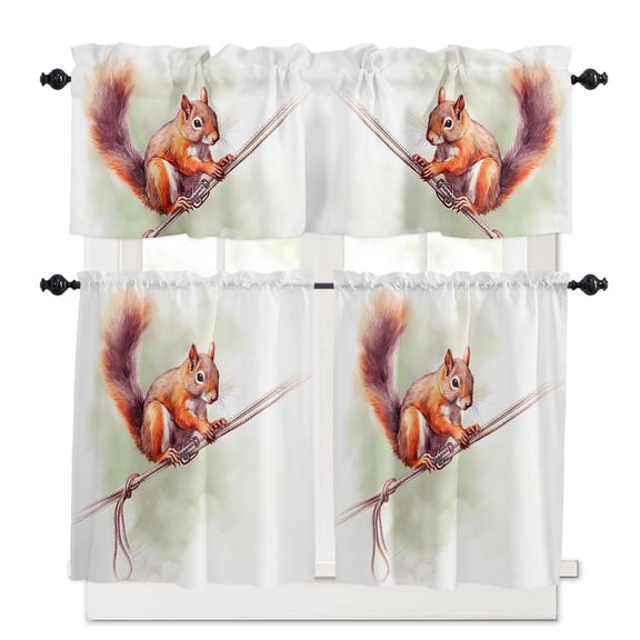 Cute Squirrel Kitchen Curtains Valances and Tiers Set of 3, 36 Inch Length Tier Curtains and Valance Rod Pocket Valance Curtains Set for Kitchen Bathroom Small Windows