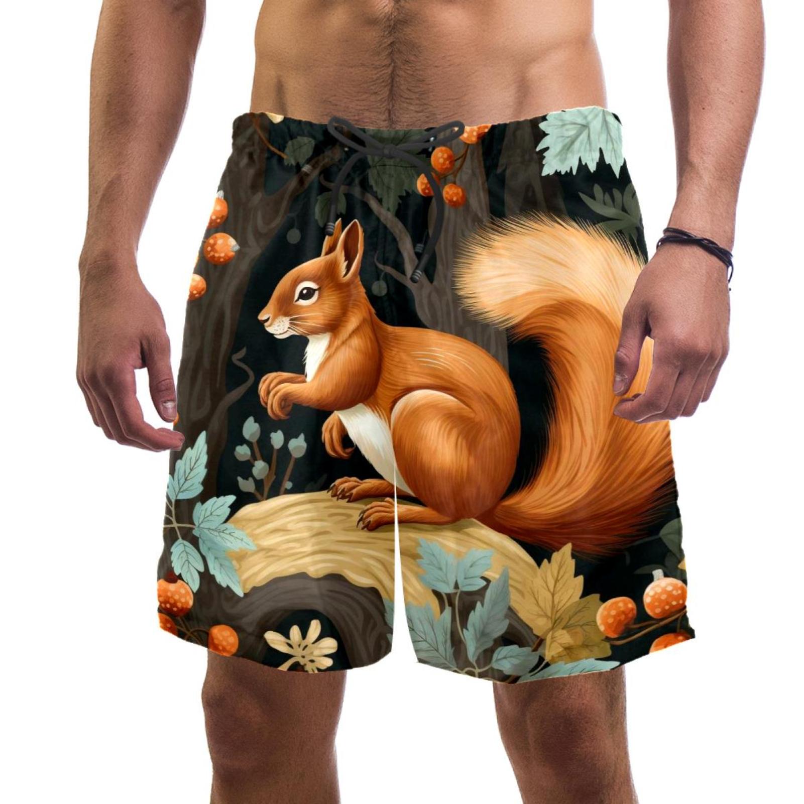 Cute Squirrel Men's Swim Trunks, Quick Dry Swimwear Bathing Suit Mesh