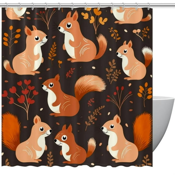Cute Squirrel Pattern Waterproof Shower Curtain Textured Prints, Complete Bathroom Decoration with Hooks 72x72in