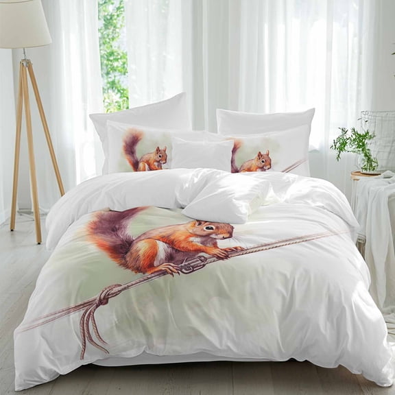 Cute Squirrel Queen Duvet Cover Set, Holding Rope Wild Life 4 Piece Microfiber Bedding Set with Zipper Closure, Bed Sheet and 2 Pillow Shams, Soft Bedding Cover