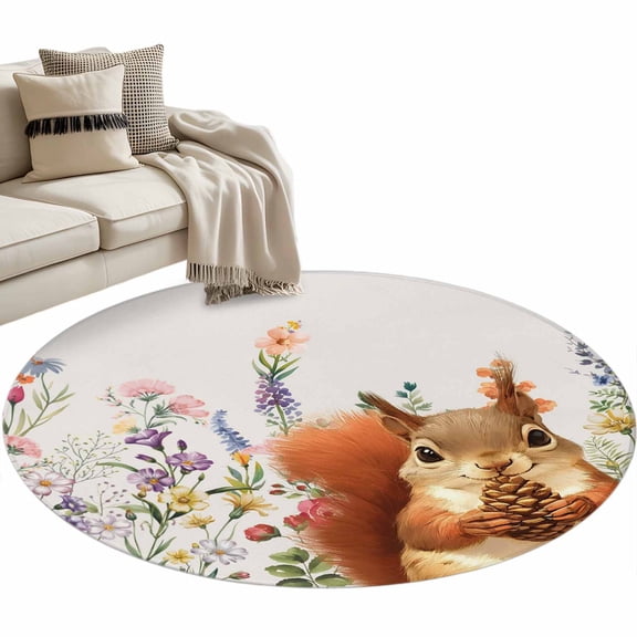 Cute Squirrel Round Area&nbsp;Rug 3ft Vintage Purple Pink Flower Leaf Pine Cone Non-Slip&nbsp;Washable Circle Rugs Soft Felt Indoor Floor Mat for Bedroom Kitchen Living Room Bathroom