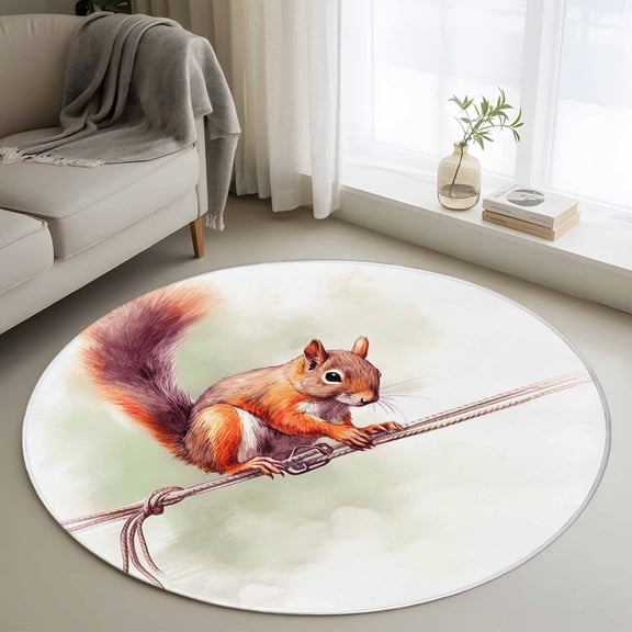 Cute Squirrel Round Rugs for Living Room 3ft Holding Rope Wild Life Non Slip Circle Rug Washable Low-Profile Indoor Carpet for Bedroom, Dining Room, Bathroom