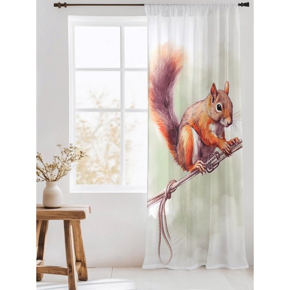 Cute Squirrel Sheer Curtains 108 Inch Long 1 Panel Holding Rope Wild Life Light Filterring Curtain Drapes Rod Pocket Voile Window Curtain for Living Room Bedroom 52" x 108"