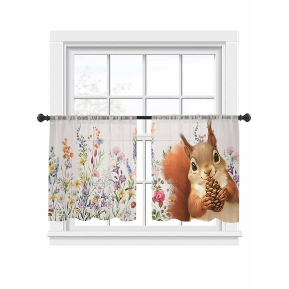 Cute Squirrel Sheer Curtains 2 Panels Set Vintage Purple Pink Flower Leaf Pine Cone Sheer Window Curtains Light Filtering Rod Pocket Voile Drapes for Bedroom Living Room 52"x54"