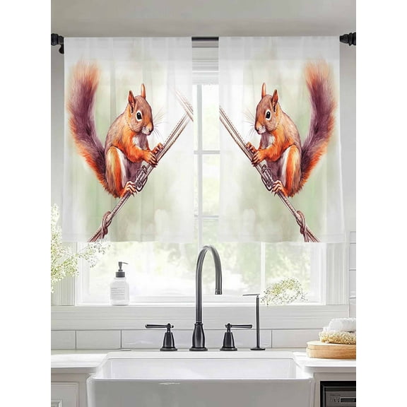 Cute Squirrel Sheer Curtains 45 inches Long 2 Panels Set Holding Rope Wild Life Tiers Sheers Rod Pocket Small Window Short Curtains for Kitchen Cafe, Each 52" W x 45" L