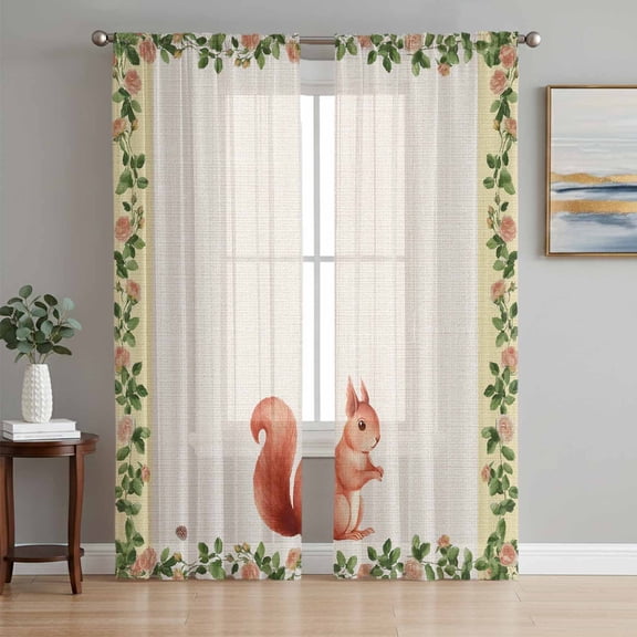 Cute Squirrel Sheer Curtains for Living Room Bedroom, Spring Pink Rose Flower Green Leaf Yellow Border Linen Light Filtering Sheer Curtain Rod Pocket Voile Window Treaments Drapes, 52 x 108 Inches
