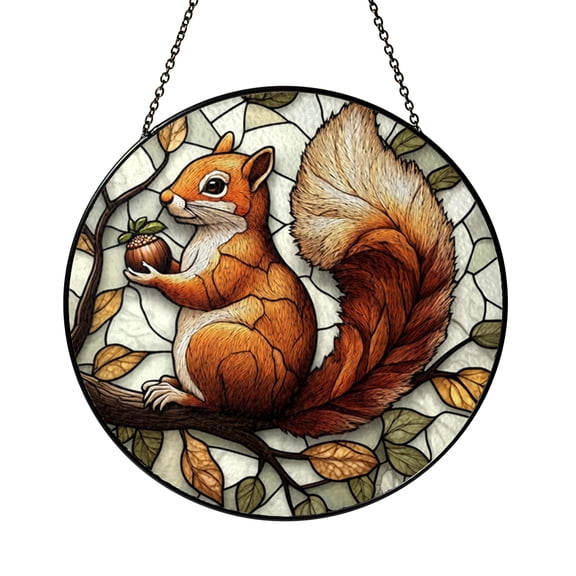 Cute Squirrel Stained Glass Style Suncatcher, Woodland Forest Window Hanging Decor, Animal Art Panel Ornament, Nature Home Accent Gift for Cabin Lovers