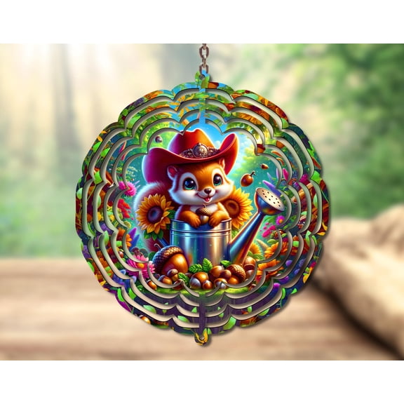 Cute Squirrel Sunflower 3D Wind Spinner Cowboy Country Kinetic Yard Art