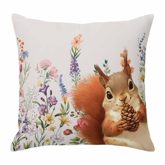 Cute Squirrel Throw Pillow Cover Vintage Purple Pink Flower Leaf Pine Cone Cotton Linen Cushion Cover Throw Pillow Case with Invisible Zipper for Couch Sofa Bed Chair Car 26x26 Inch