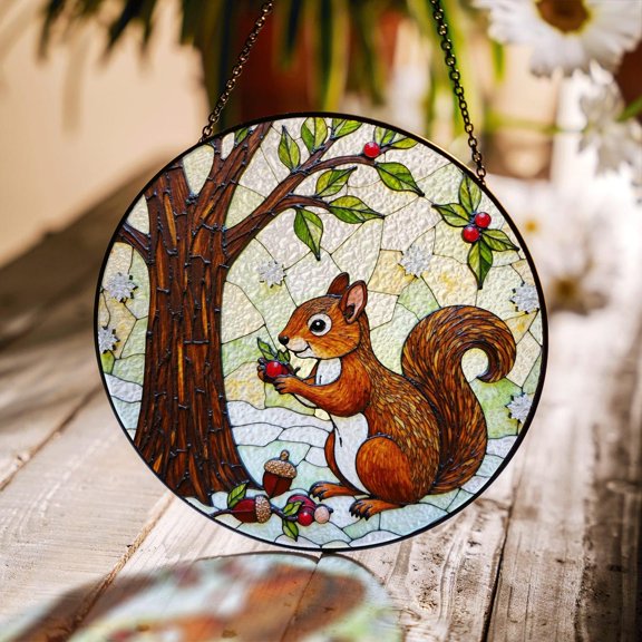 Cute Squirrel Tree Scene Glass Suncatcher, Woodland Decor, Fall Nature Lover, 7.9 in
