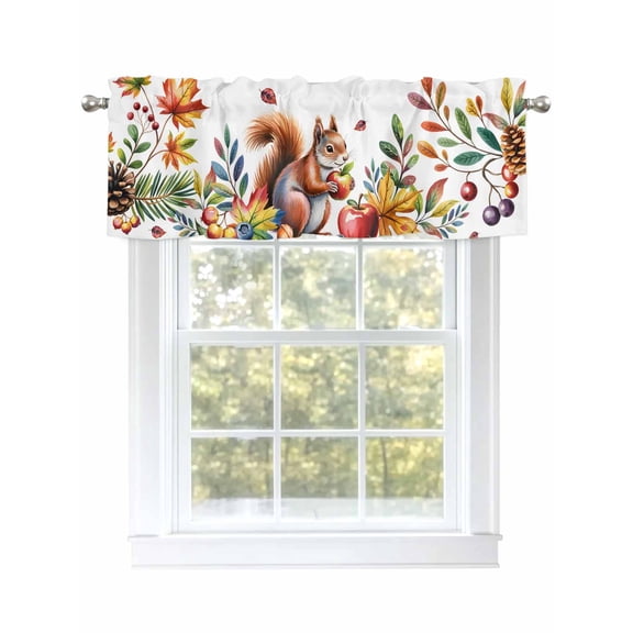 Cute Squirrel Valances for Windows, Rod Pocket Kitchen Valance Curtains - Soft & Washable Small Window Treatment for Living Room,&nbsp;Bathroom, Fall Autumn Leaf Plant, 54x18inch