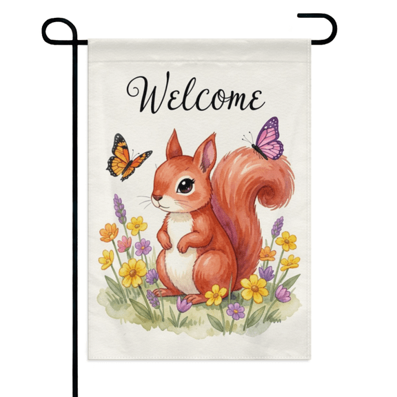 Cute Squirrel Welcome Garden Flag 12×18in Double Sided Spring Floral Butterflies Decor For Outdoor Porch Lawn Patio Yard Home
