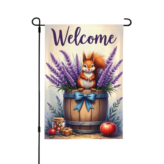 Cute Squirrel Welcome Garden Flag 12x18 Inch Double Sided – Lavender Floral Spring Summer Rustic Farmhouse Outdoor Yard Decoration For Porch, Lawn & Patio
