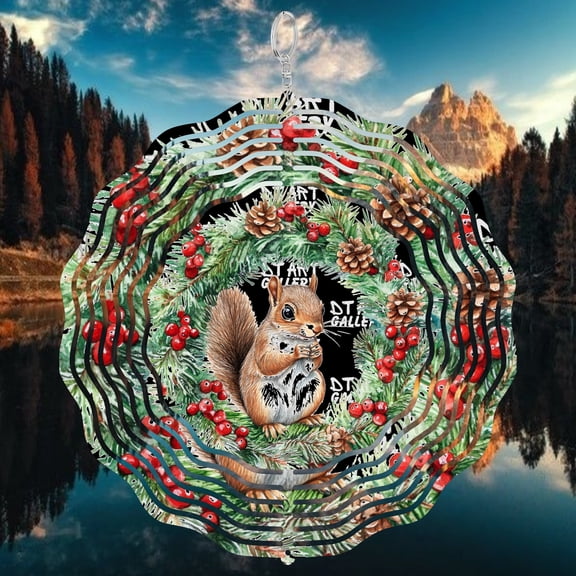 Cute Squirrel Xmas Wreath 3D Wind Spinner Sublimation Stainless Steel Kinetic Art