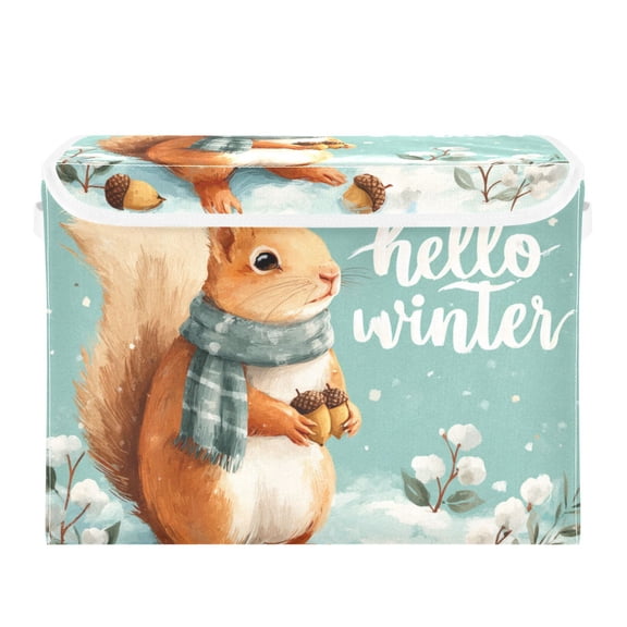 Cute Squirrel in Snow Winter Day Foldable Storage Bins with Lids Handles Collapsible Storage Containers Tote Boxes 16.5 x 12.6 x 11.8 inches