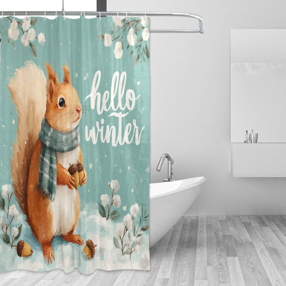 Cute Squirrel in Snow Winter Day Shower Curtains with 12 Hooks Waterproof Bathroom Decor 66" x 72"