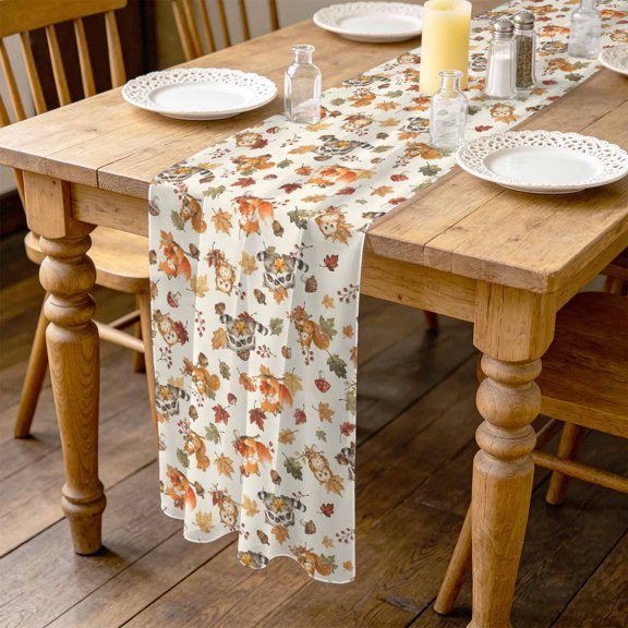 Cute Squirrels 10ft Cheesecloth Table Runner for Wedding 27"x120", Fall Joyful Wildlife Oak Leaf Berry Twigs Farmhouse Kitchen Dinner Sheer Tulle Chiffon Dresser Scarf, Holiday Party Decorations