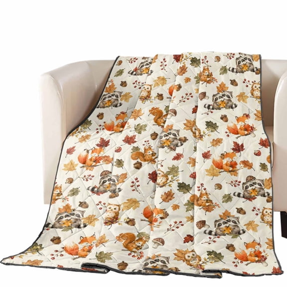 Cute Squirrels Quilted Comforters Cooling Blanket Oversized Queen Size, Fall Joyful Wildlife Oak Leaf Berry Twigs Farmhouse Cold Comfort for Hot Sleepers Air Conditioning Quilt Blanket for Bed