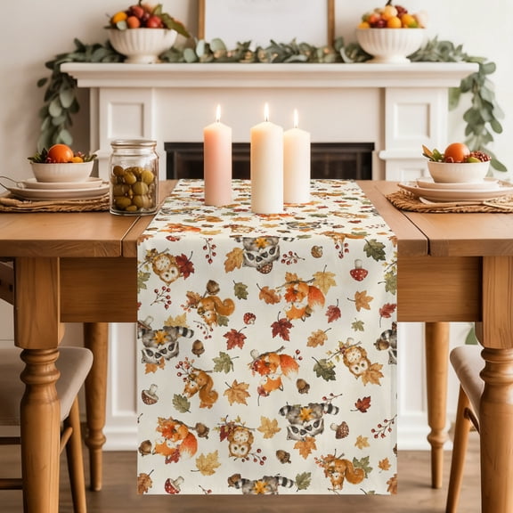 Cute Squirrels Table Runner, Fall Joyful Wildlife Oak Leaf Berry Twigs Farmhouse Washable Cotton-linen Table Runners Dining Kitchen Decoration for Everyday Home Wedding Party Decor, 13 x 36 Inch